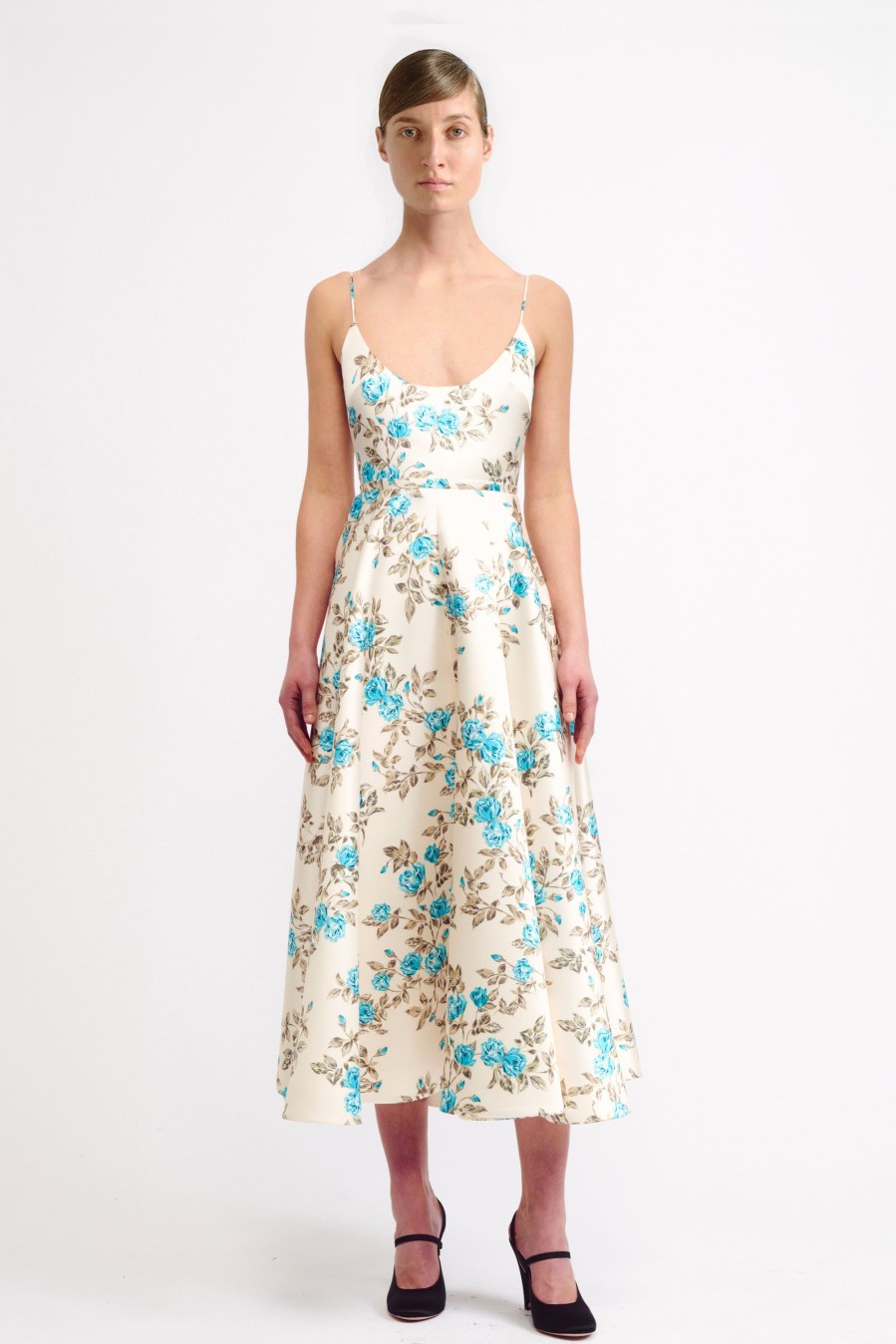 Women Emilia Wickstead Dresses | Lanai Dress In Turquoise Floral Printed Italian Duchess Satin