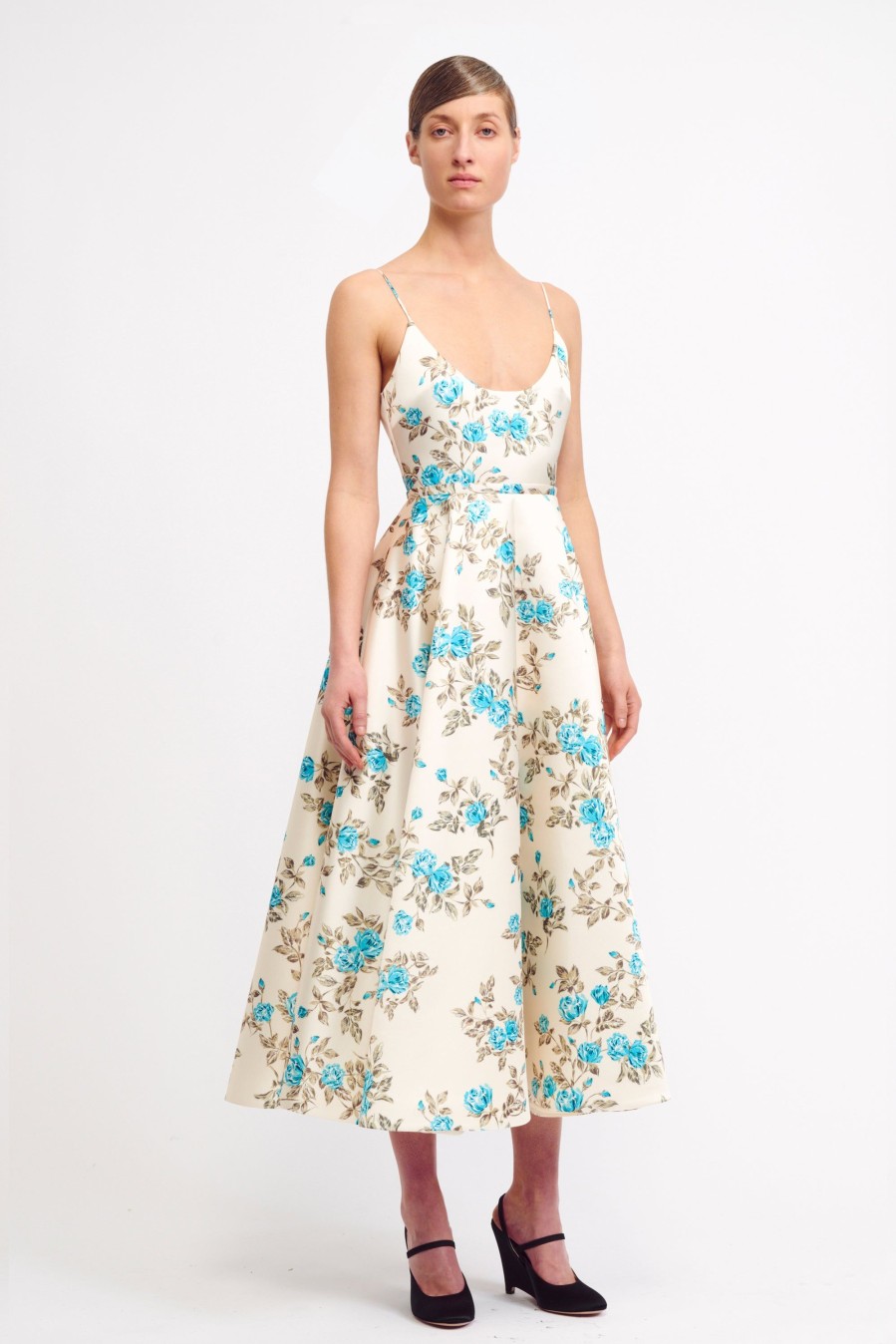 Women Emilia Wickstead Dresses | Lanai Dress In Turquoise Floral Printed Italian Duchess Satin