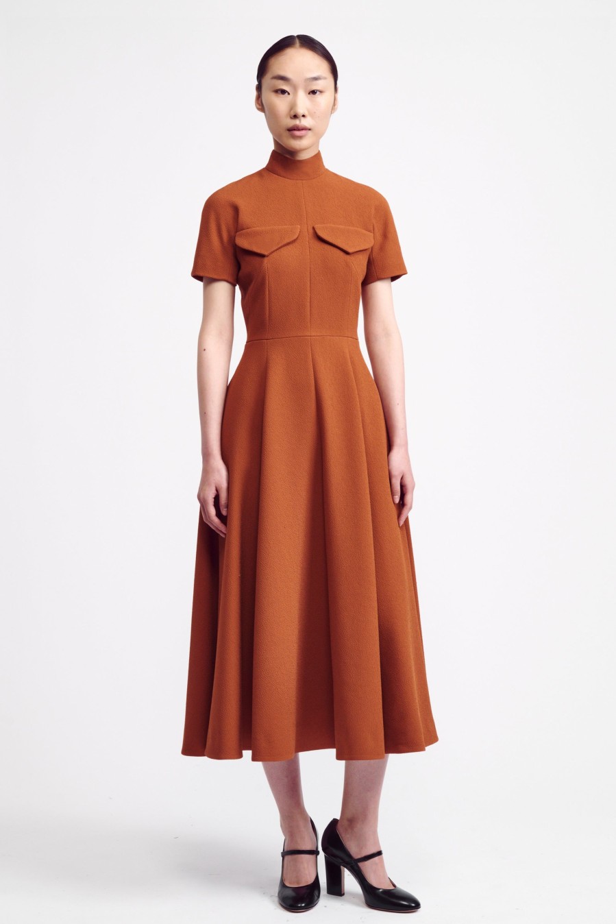 Women Emilia Wickstead Dresses | Catrina High Neck Dress In Brown Double Crepe