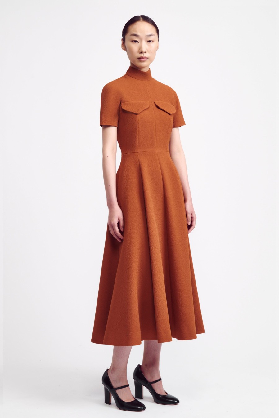 Women Emilia Wickstead Dresses | Catrina High Neck Dress In Brown Double Crepe