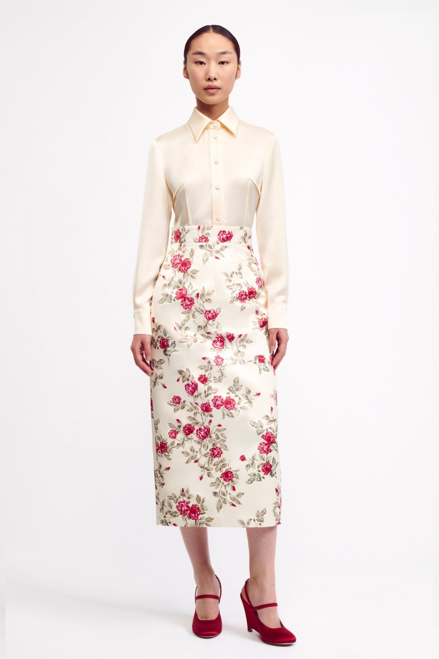 Women Emilia Wickstead Skirts | Lorinda Skirt In Red Rose Floral Printed Italian Duchess Satin