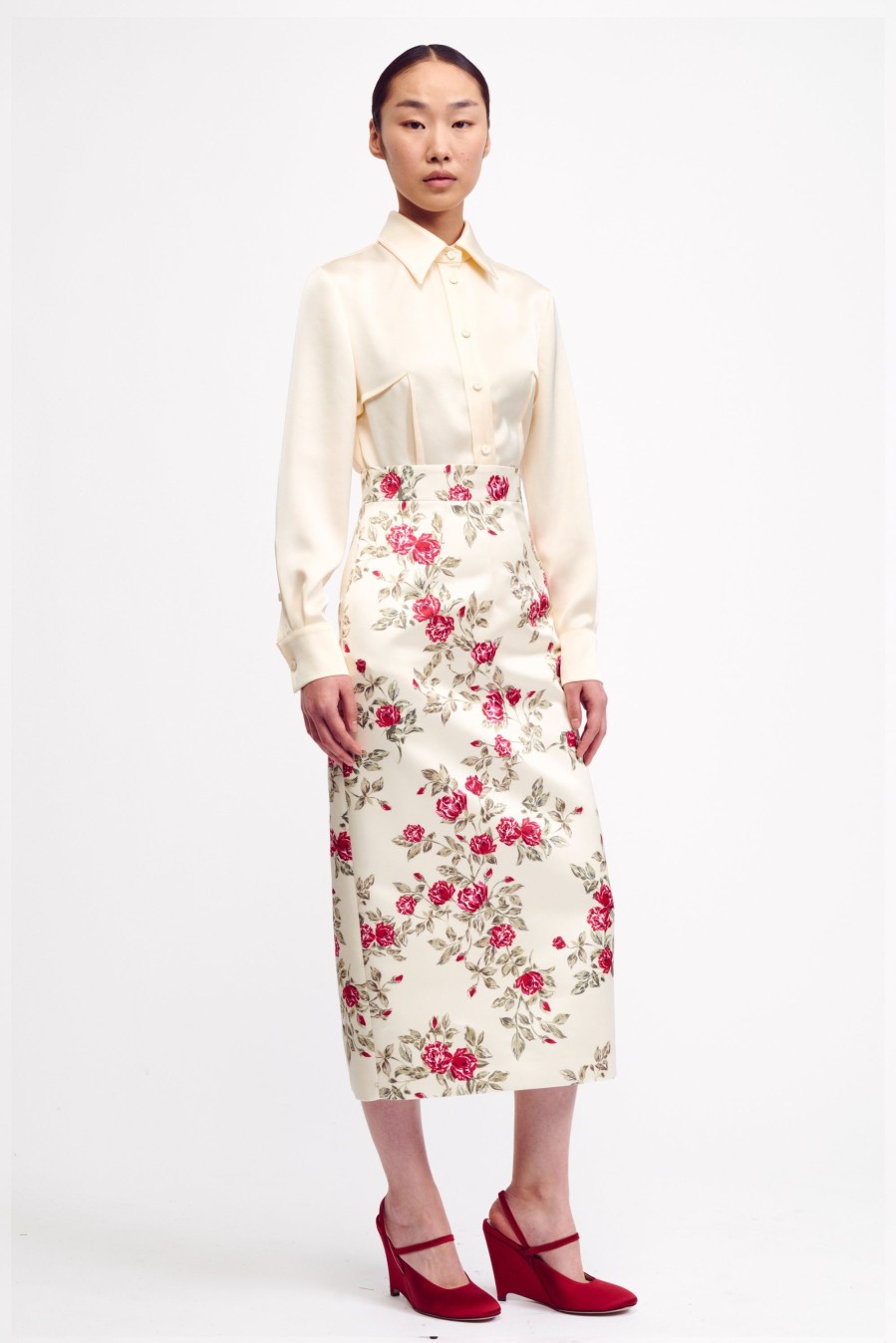 Women Emilia Wickstead Skirts | Lorinda Skirt In Red Rose Floral Printed Italian Duchess Satin