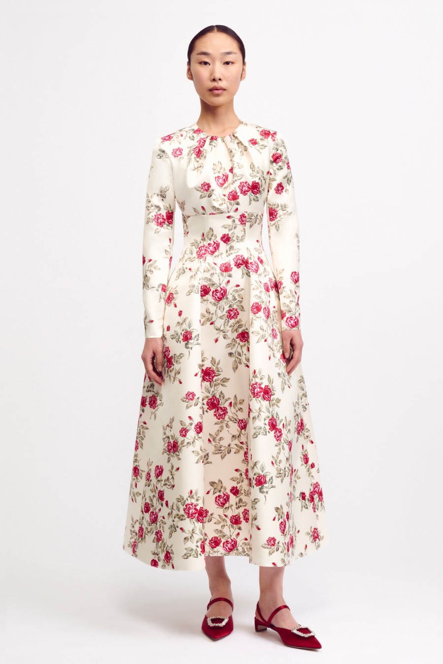 Women Emilia Wickstead Dresses | Brita Dress In Red Rose Printed Italian Duchess Satin