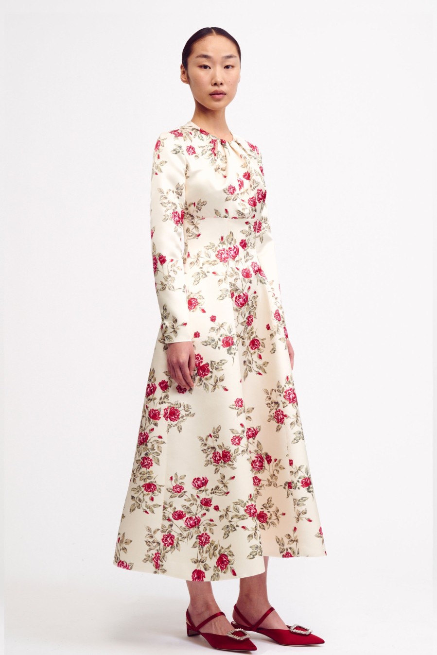 Women Emilia Wickstead Dresses | Brita Dress In Red Rose Printed Italian Duchess Satin