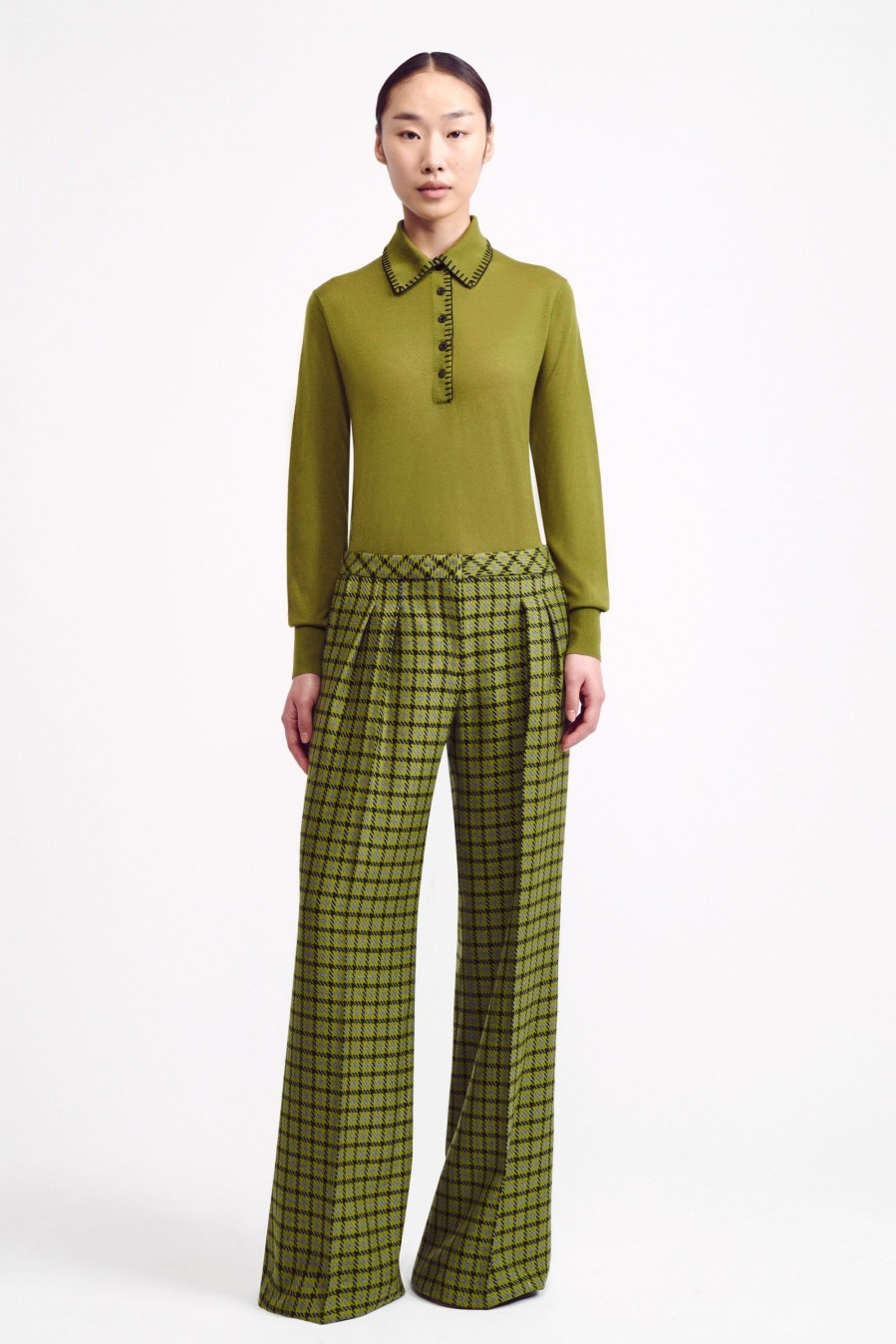 Women Emilia Wickstead Shirts & Tops | Hall Khaki Blanket Stitch Collar Top