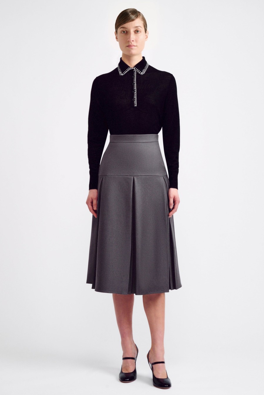 Women Emilia Wickstead Shirts & Tops | Hall Black Blanket Stitch Collar Top