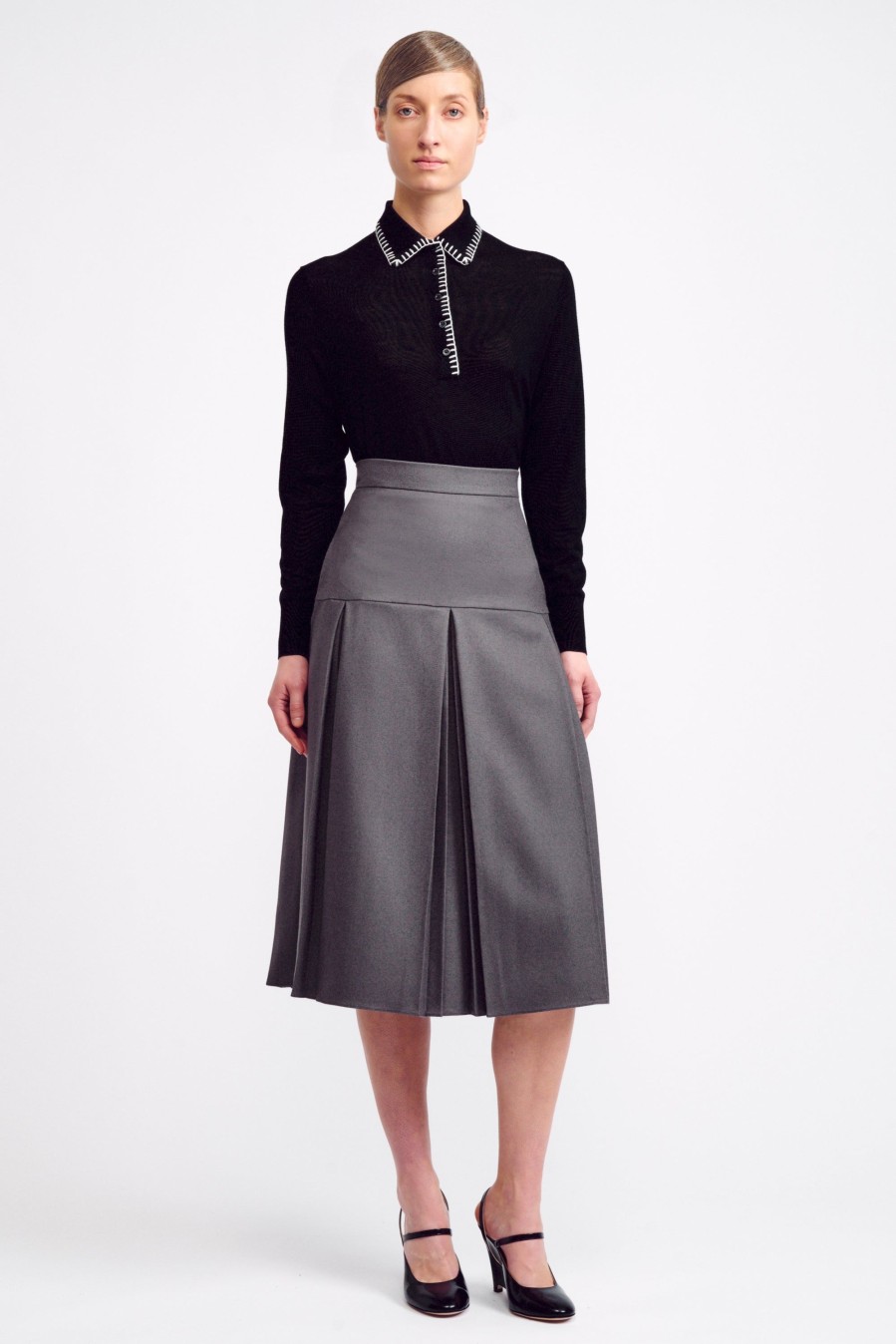 Women Emilia Wickstead Shirts & Tops | Hall Black Blanket Stitch Collar Top