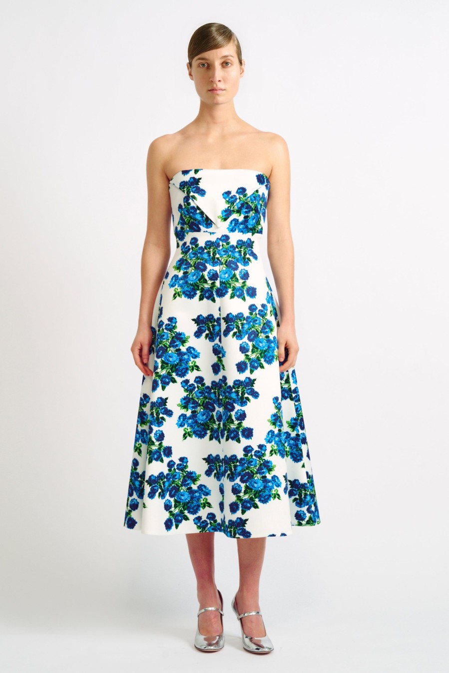 Women Emilia Wickstead Dresses | Simran Blue Floral Bouquet Print Strapless Dress