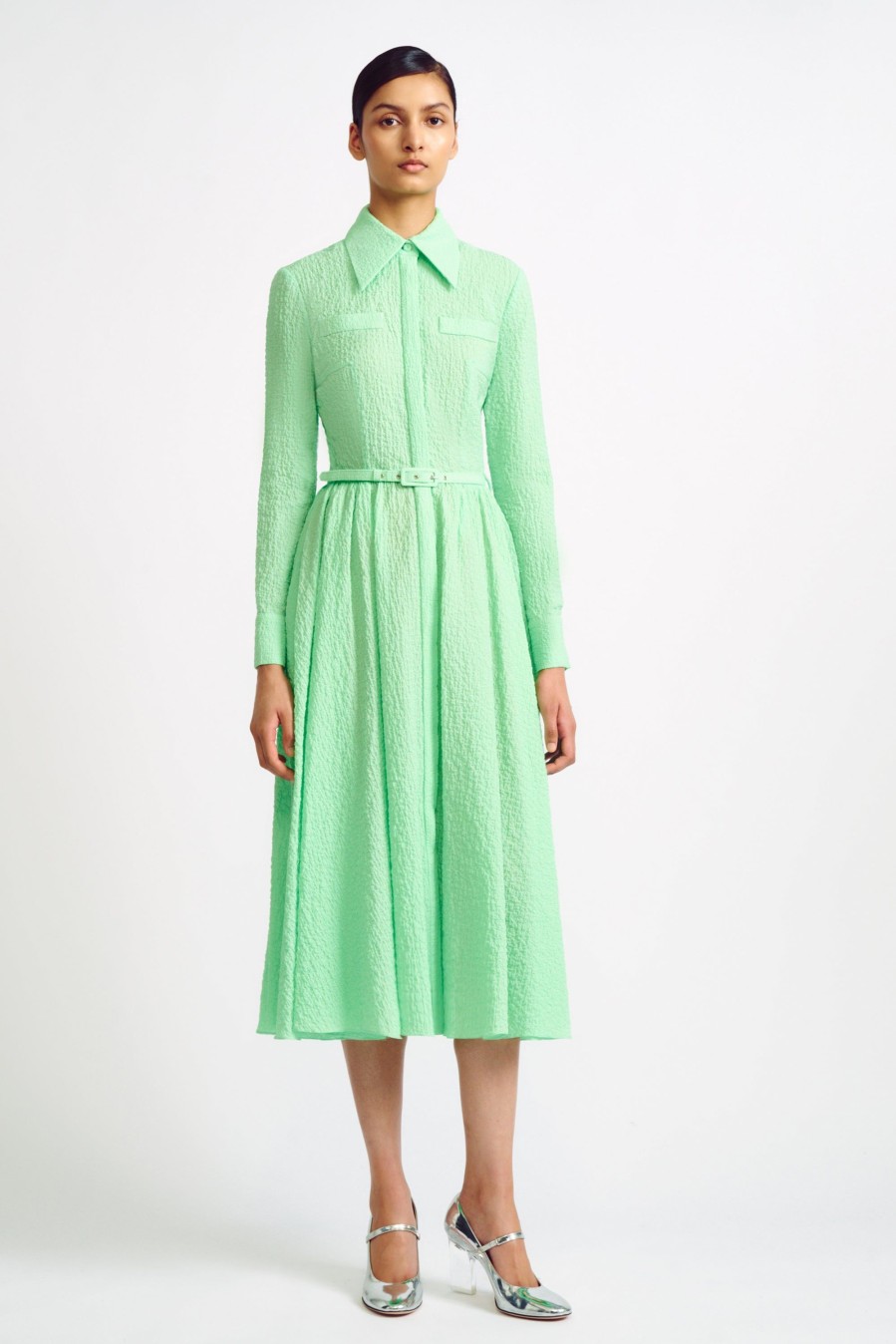 Women Emilia Wickstead Dresses | Aishan Mint Cotton Cloque Shirt Dress