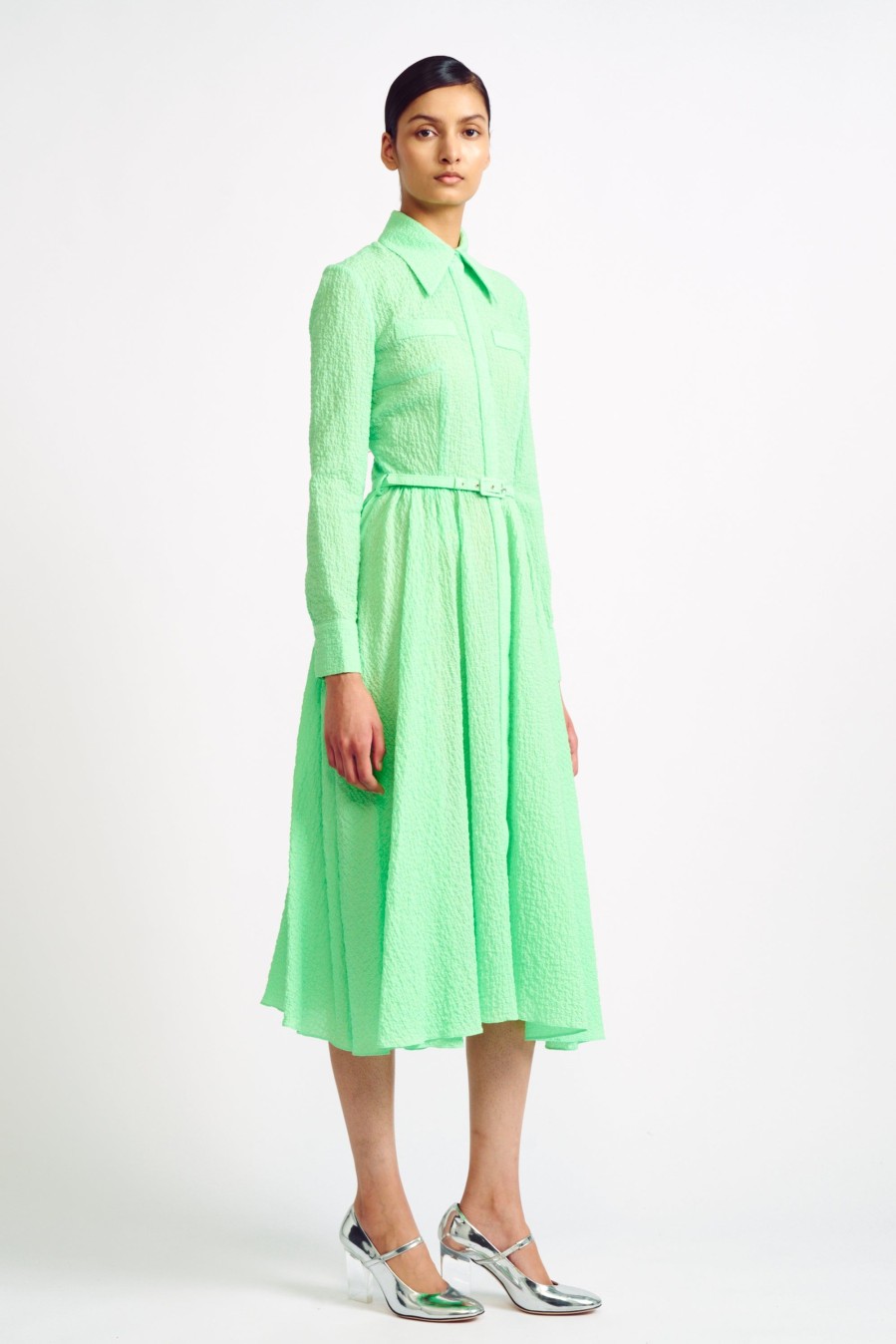 Women Emilia Wickstead Dresses | Aishan Mint Cotton Cloque Shirt Dress