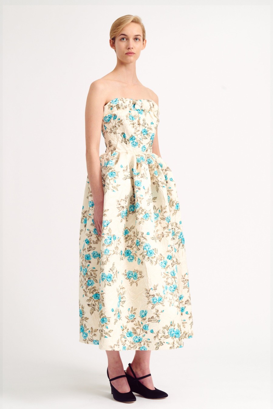 Women Emilia Wickstead Dresses | Graciela Strapless Dress In Turquoise Floral Crushed Italian Duchess Satin