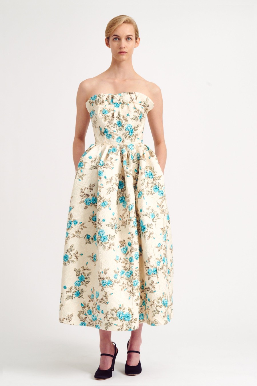 Women Emilia Wickstead Dresses | Graciela Strapless Dress In Turquoise Floral Crushed Italian Duchess Satin