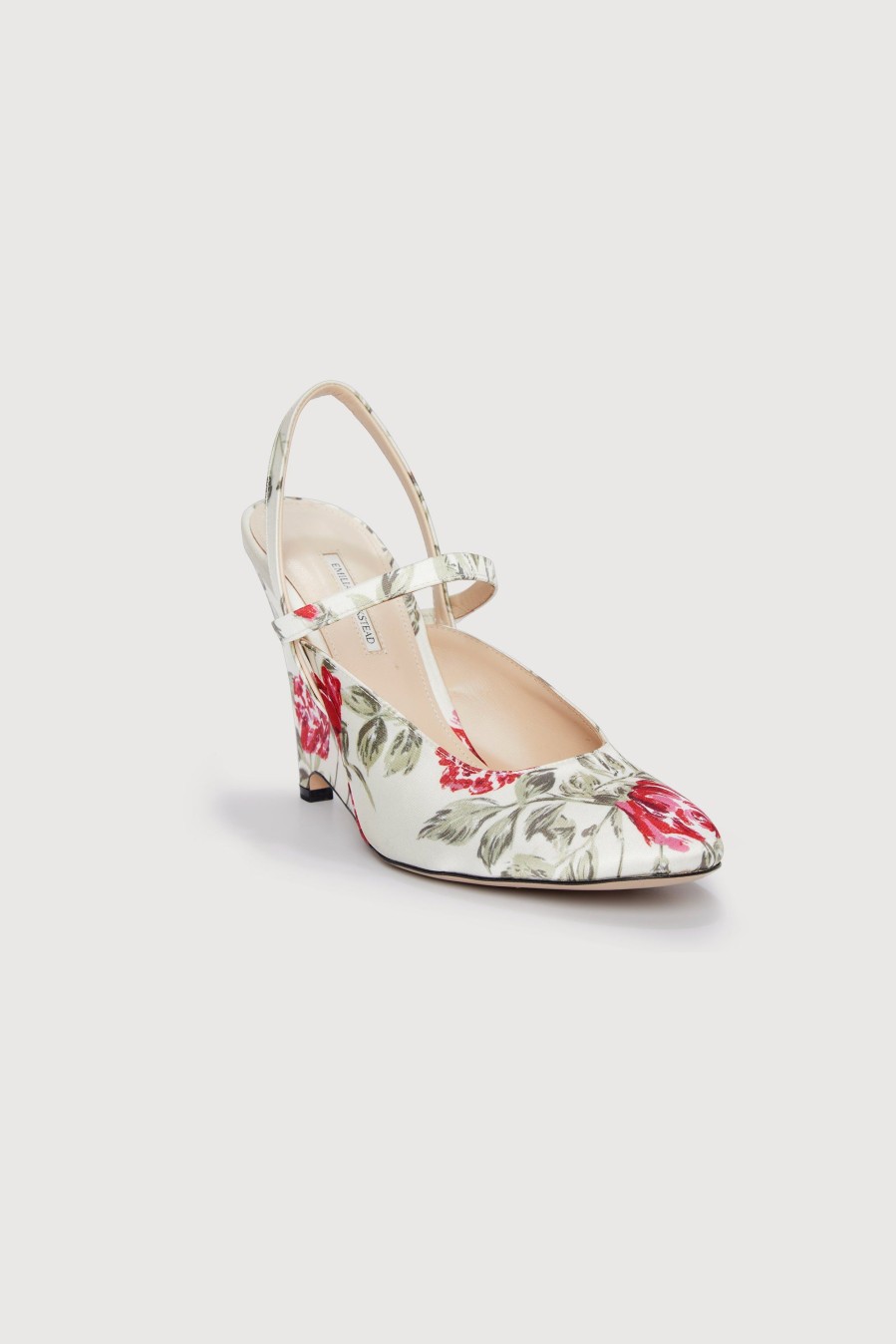 Women Emilia Wickstead | Aster Wedge Heel In Red Rose Printed Italian Duchess Satin