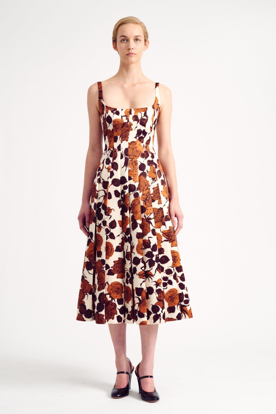 Women Emilia Wickstead Dresses | Adele Dress In Camel Rose Printed Taffeta Faille