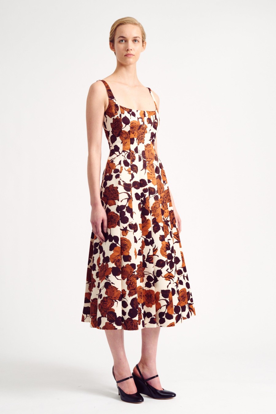 Women Emilia Wickstead Dresses | Adele Dress In Camel Rose Printed Taffeta Faille