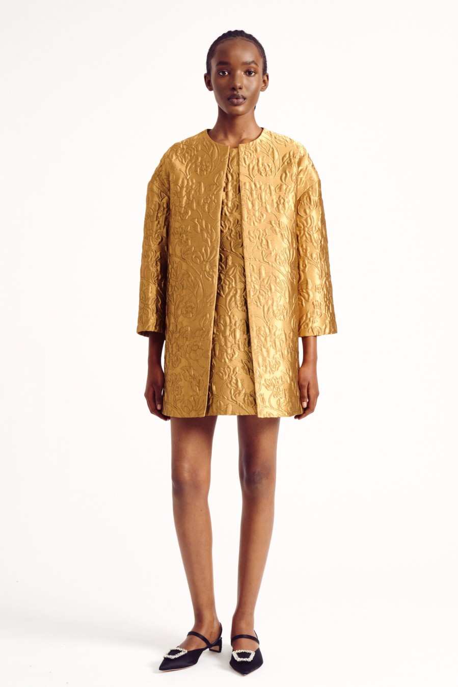 Women Emilia Wickstead Jackets And Coats | Phaedra Jacket In Gold Lurex Metallic Jacquard