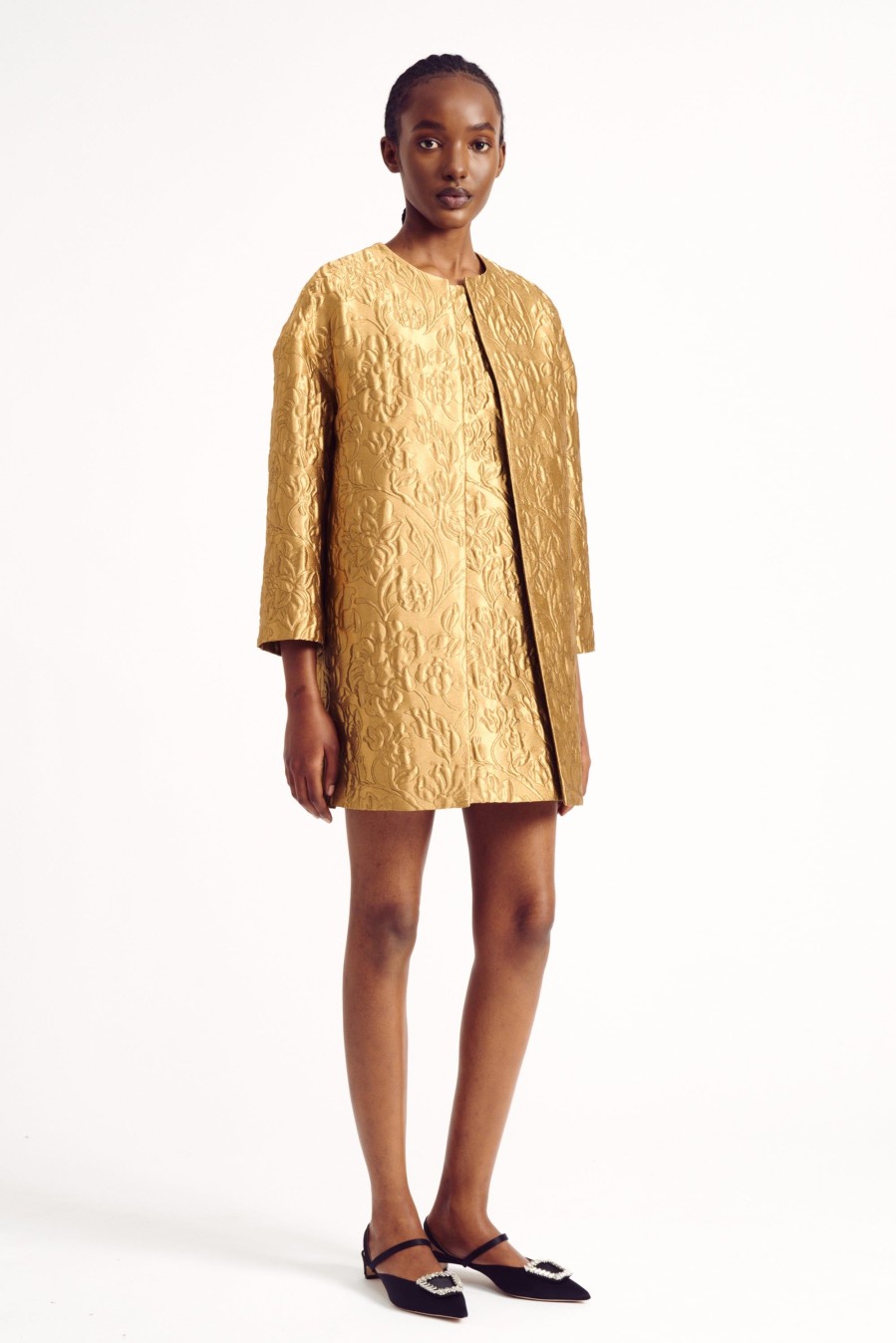 Women Emilia Wickstead Jackets And Coats | Phaedra Jacket In Gold Lurex Metallic Jacquard