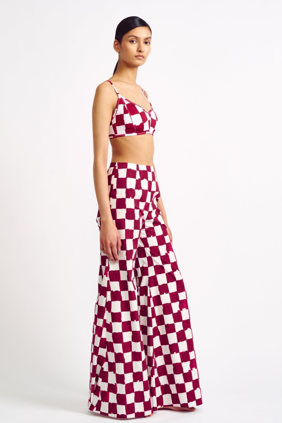 Women Emilia Wickstead Swim | Capri Red Checkerboard Print Cotton Trousers