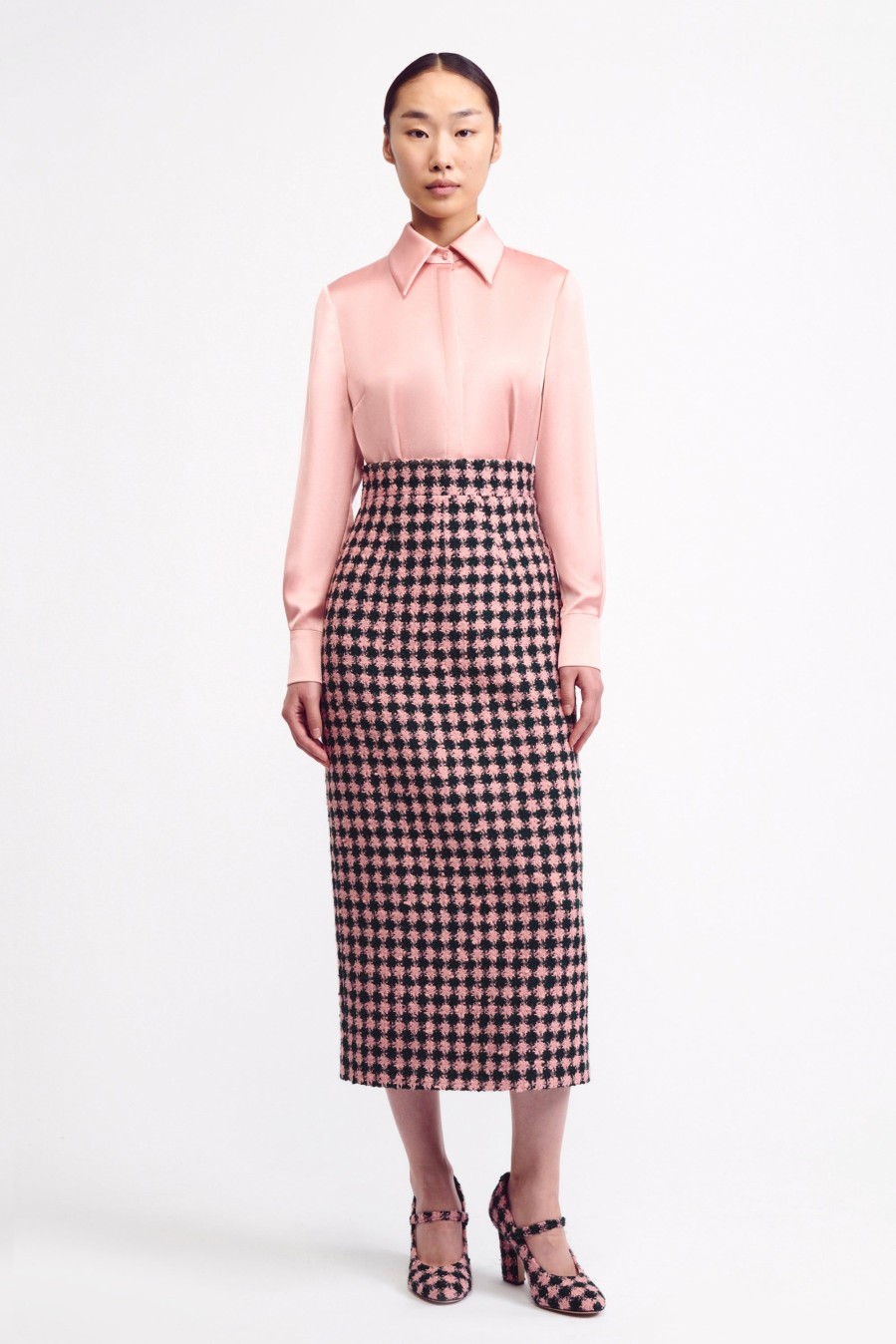 Women Emilia Wickstead Skirts | Lorinda Skirt In Pink & Green Houndstooth Boucle