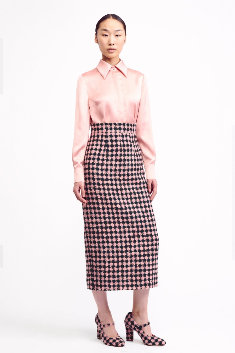 Women Emilia Wickstead Skirts | Lorinda Skirt In Pink & Green Houndstooth Boucle