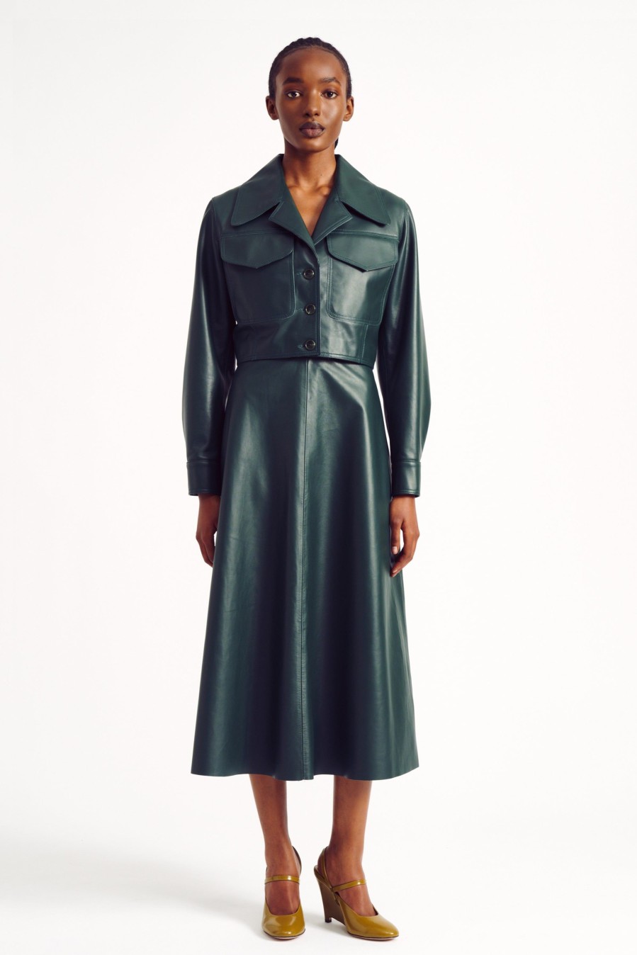 Women Emilia Wickstead Jackets And Coats | Nics Cropped Jacket In Dark Green Leather