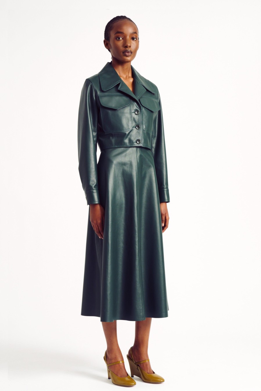 Women Emilia Wickstead Jackets And Coats | Nics Cropped Jacket In Dark Green Leather