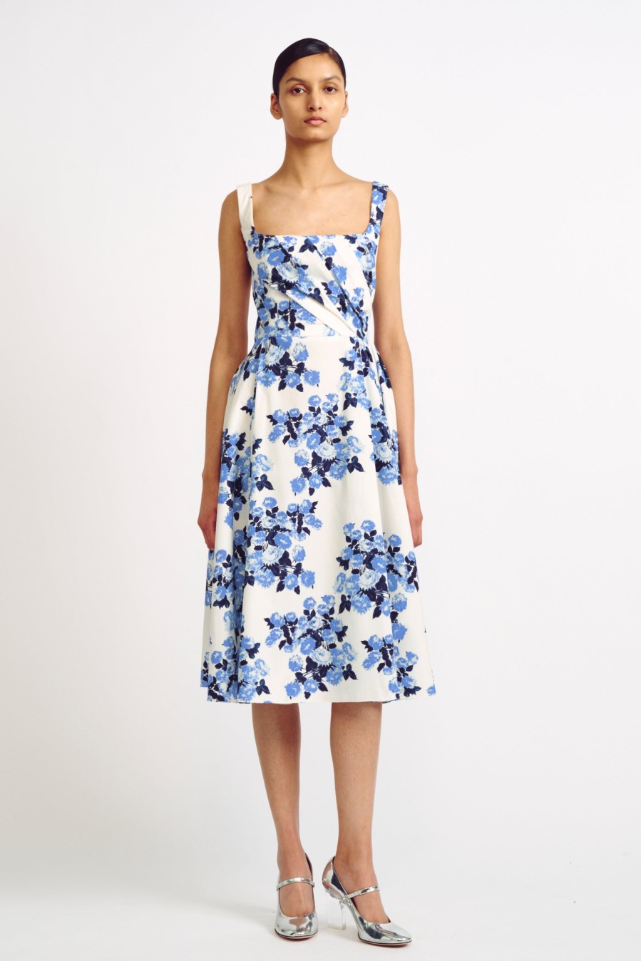 Women Emilia Wickstead Dresses | Ariadna Blue Floral Print Poplin Cotton Dress