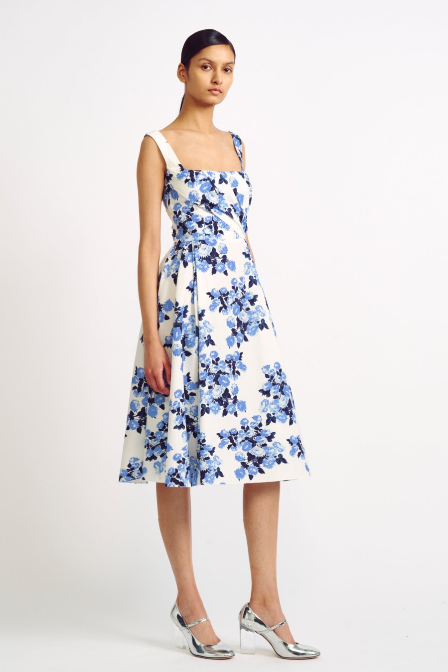 Women Emilia Wickstead Dresses | Ariadna Blue Floral Print Poplin Cotton Dress