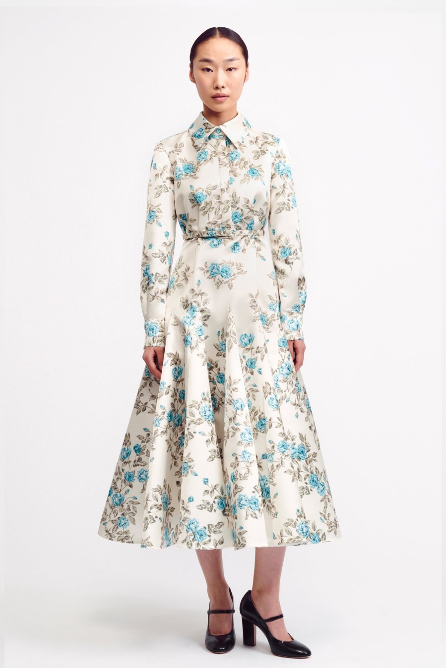 Women Emilia Wickstead Dresses | Marion Turquoise Floral Printed Italian Duchess Satin Dress