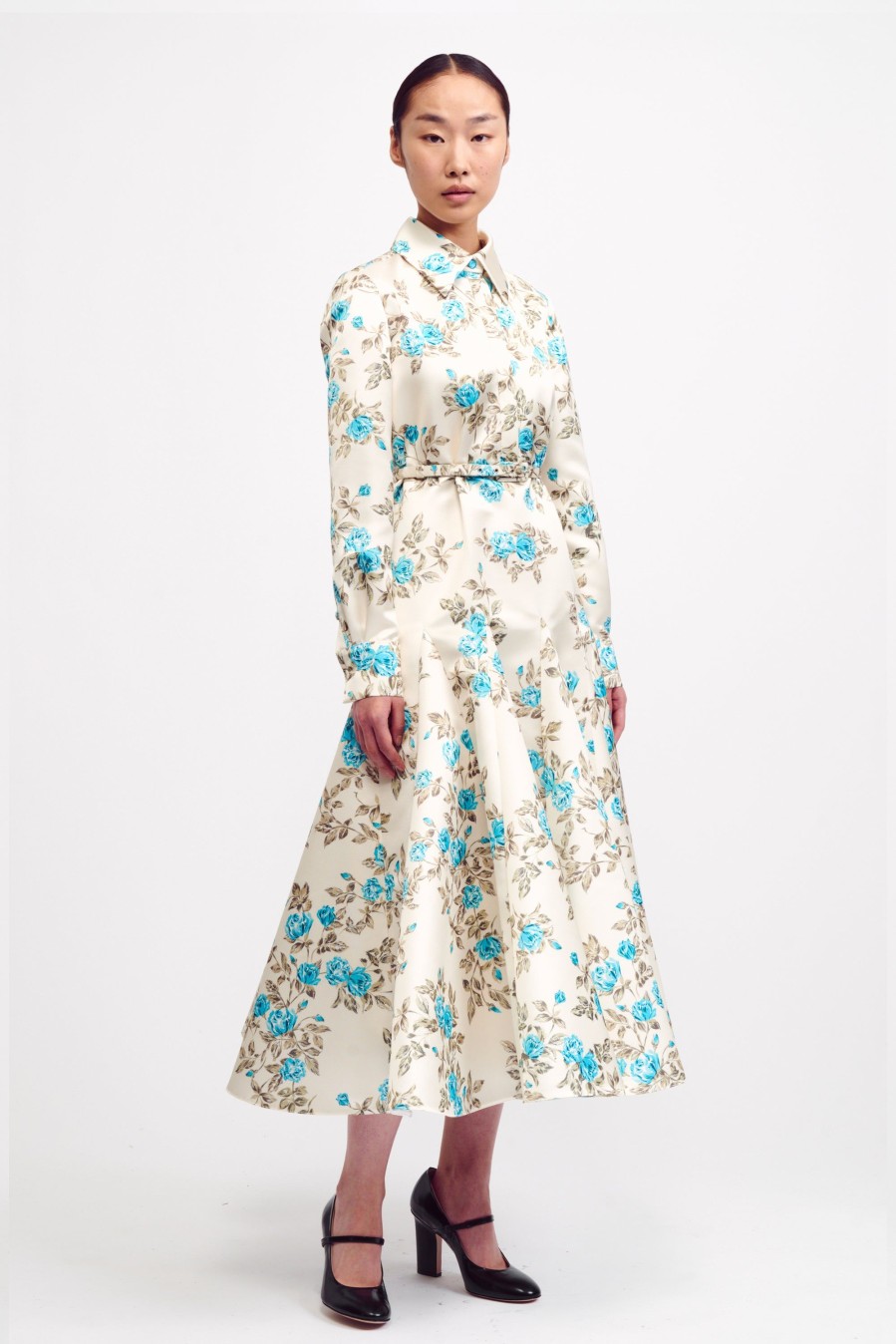 Women Emilia Wickstead Dresses | Marion Turquoise Floral Printed Italian Duchess Satin Dress