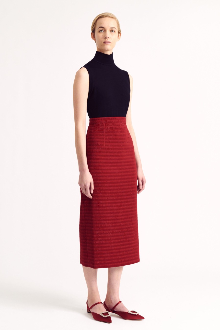 Women Emilia Wickstead Skirts | Idelia Skirt In Dark Red Smock Satin