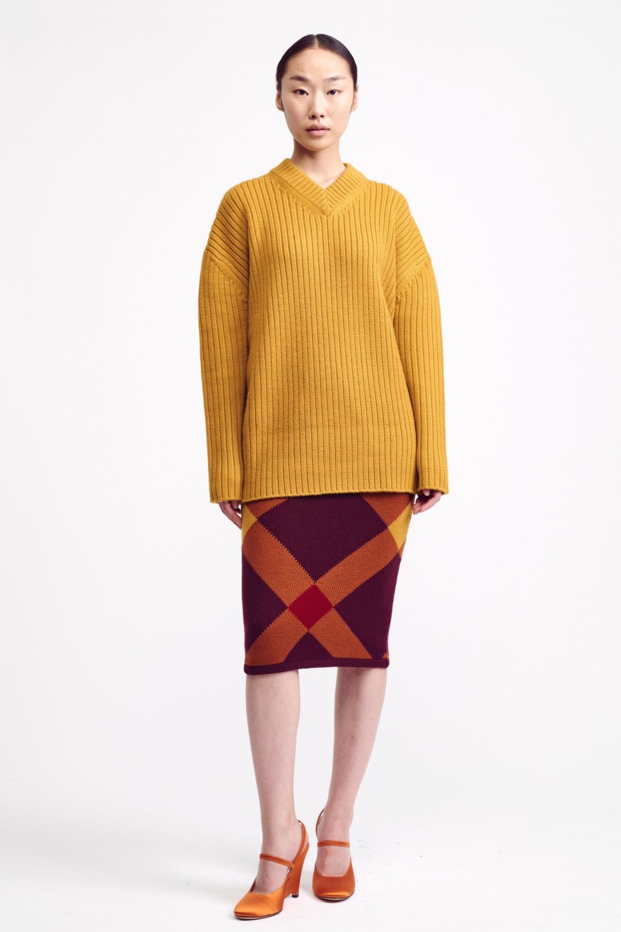 Women Emilia Wickstead Knitwear | Ady V-Neck Knit Jumper In Mustard Yellow Wool