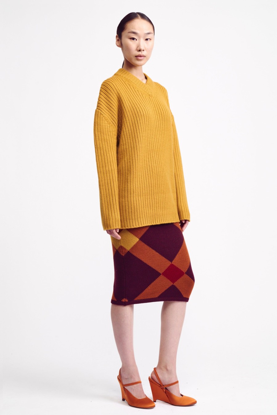 Women Emilia Wickstead Knitwear | Ady V-Neck Knit Jumper In Mustard Yellow Wool