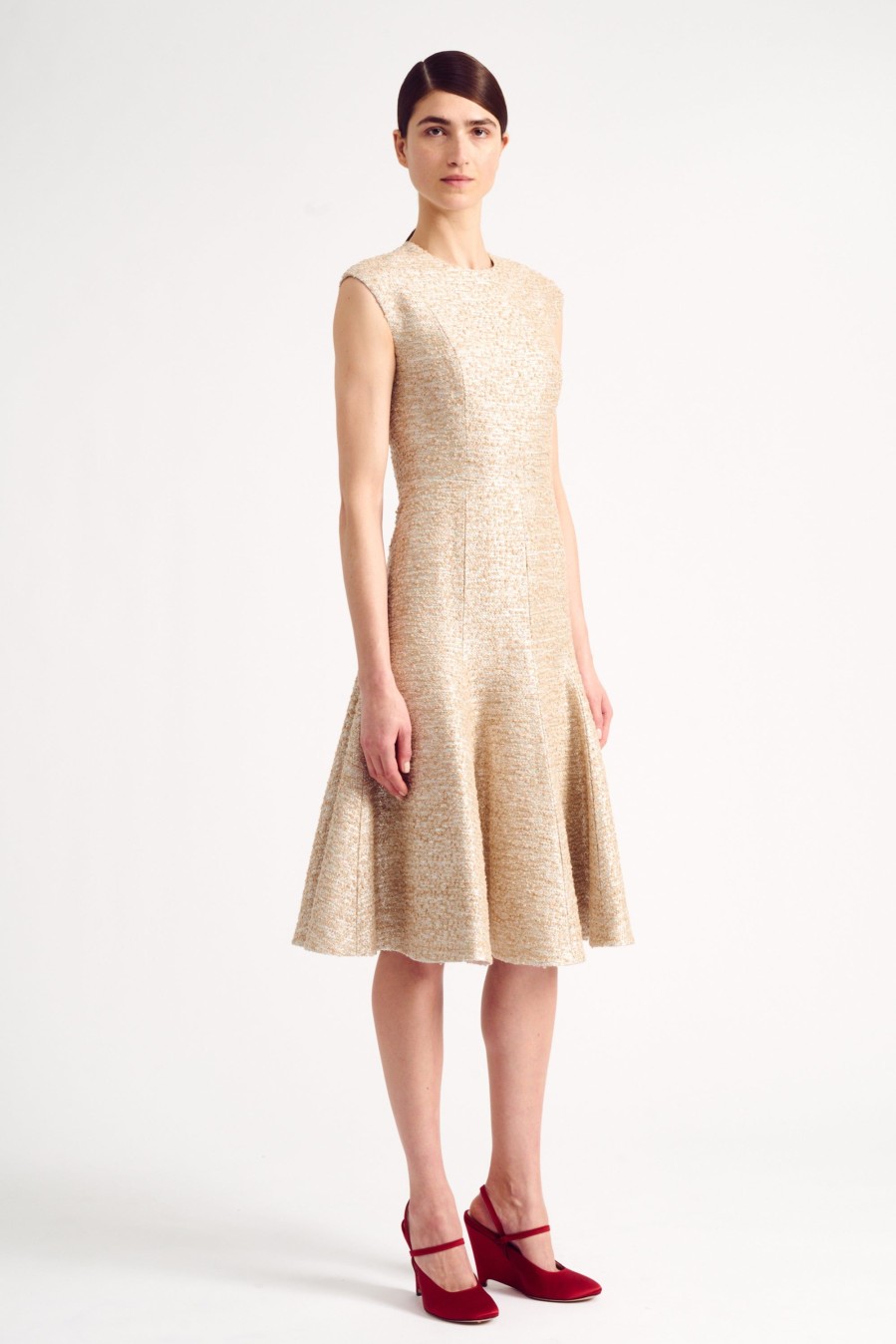 Women Emilia Wickstead Dresses | Denver Dress In Beige And Silver Jacquard Tweed