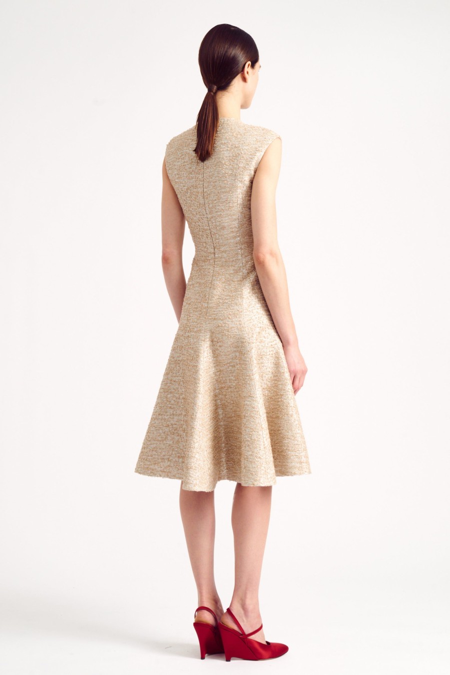 Women Emilia Wickstead Dresses | Denver Dress In Beige And Silver Jacquard Tweed