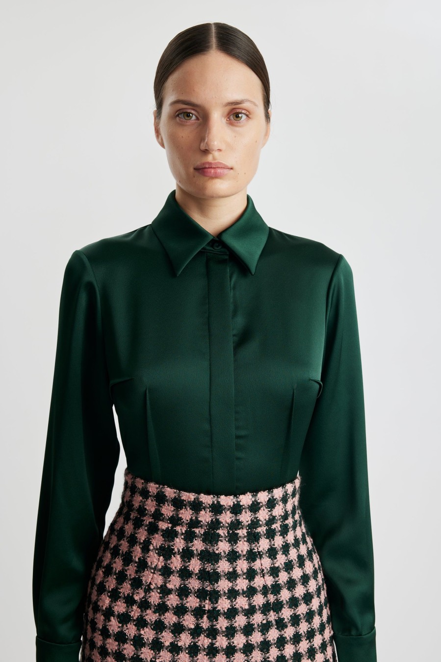 Women Emilia Wickstead Shirts & Tops | Ravanne Shirt In Emerald Green Satin