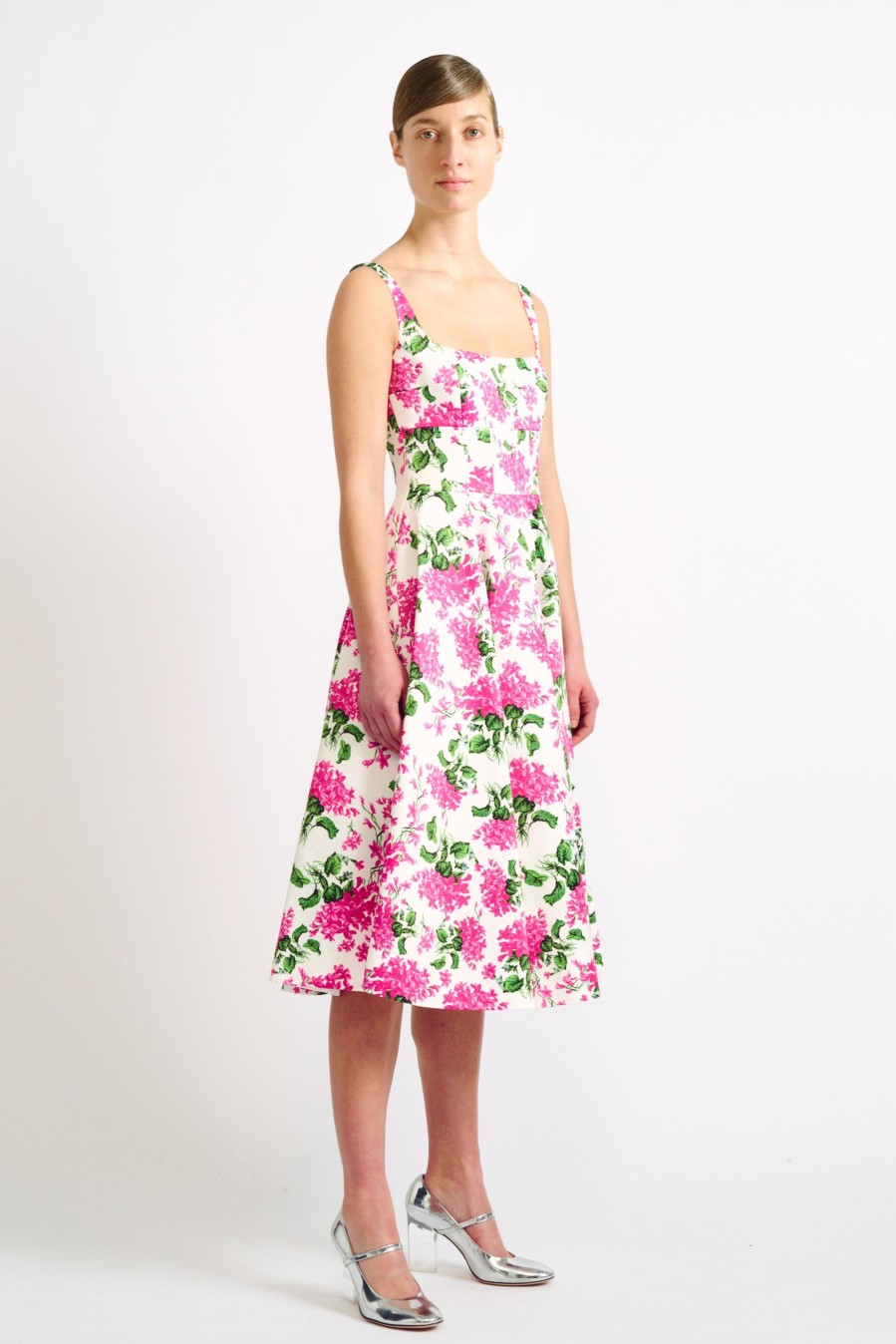 Women Emilia Wickstead Dresses | Mona Pink Forget-Me-Not Floral Print Tafetta Faille Dress