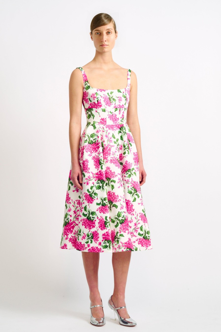 Women Emilia Wickstead Dresses | Mona Pink Forget-Me-Not Floral Print Tafetta Faille Dress