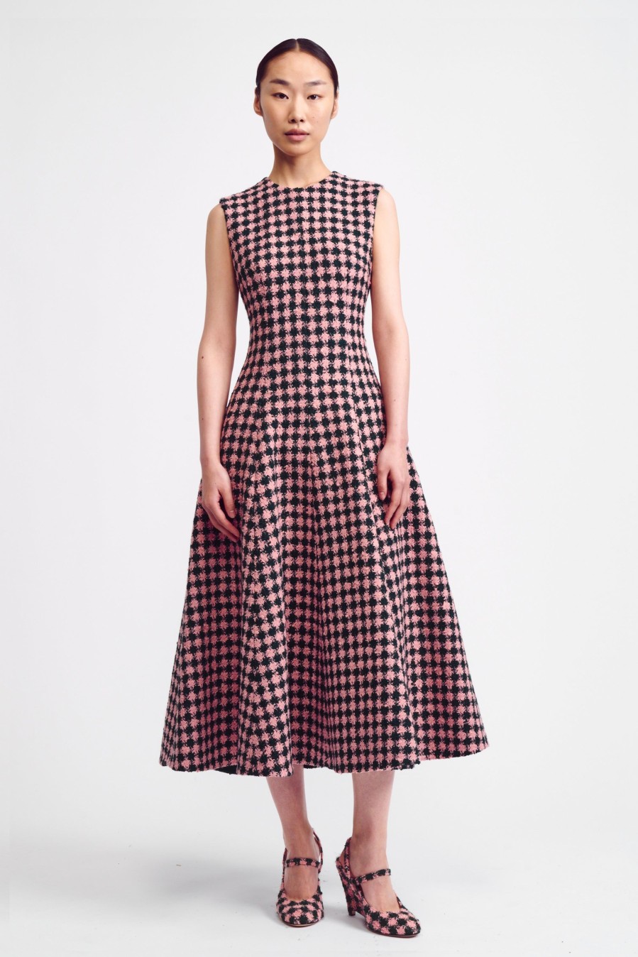 Women Emilia Wickstead Dresses | Mara Dress In Green & Pink Houndstooth Boucle