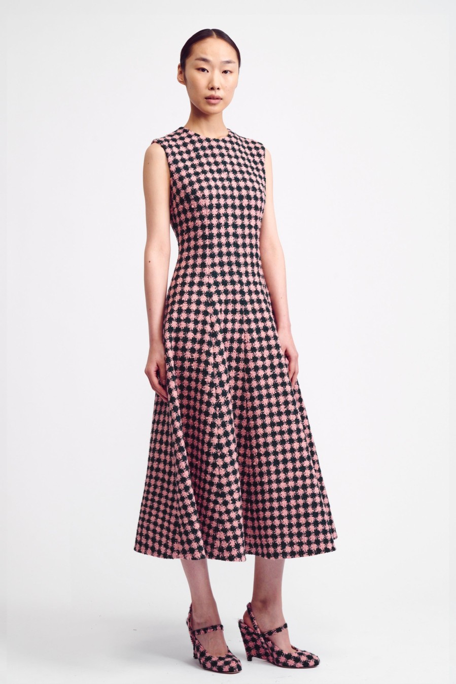 Women Emilia Wickstead Dresses | Mara Dress In Green & Pink Houndstooth Boucle