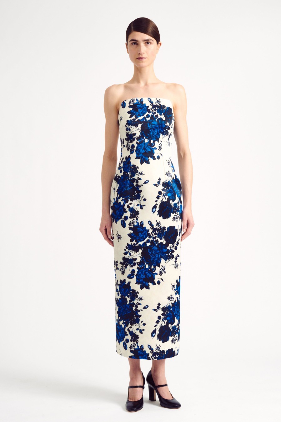 Women Emilia Wickstead Dresses | Yulie Strapless Dress In Blue Festive Bouquet Printed Taffeta Faille