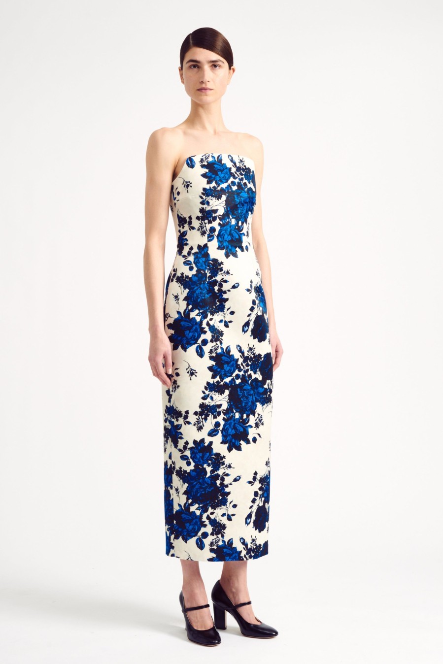 Women Emilia Wickstead Dresses | Yulie Strapless Dress In Blue Festive Bouquet Printed Taffeta Faille