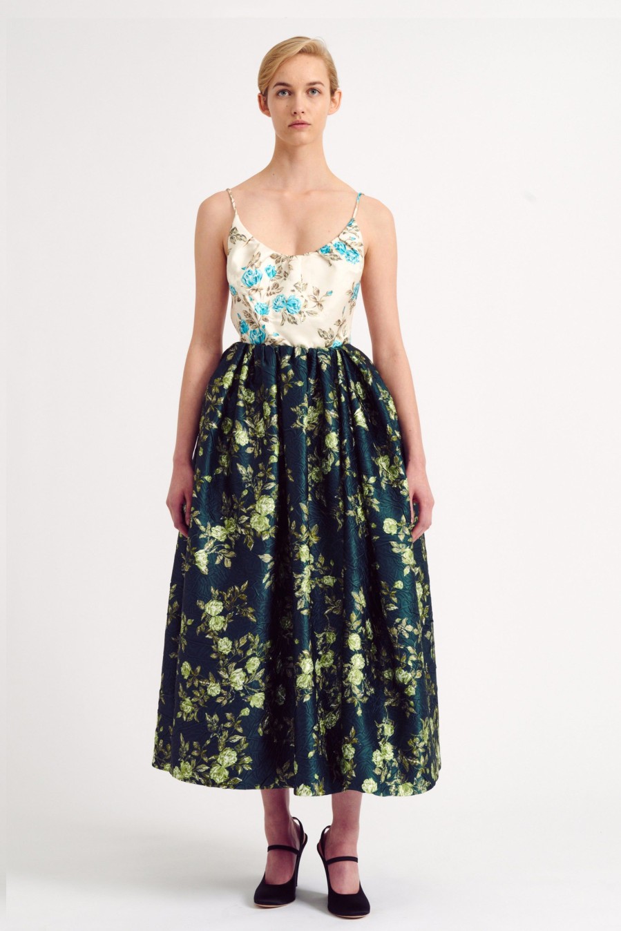 Women Emilia Wickstead Dresses | Ritika Dress In Emerald Floral Printed Crushed Italian Duchess Satin