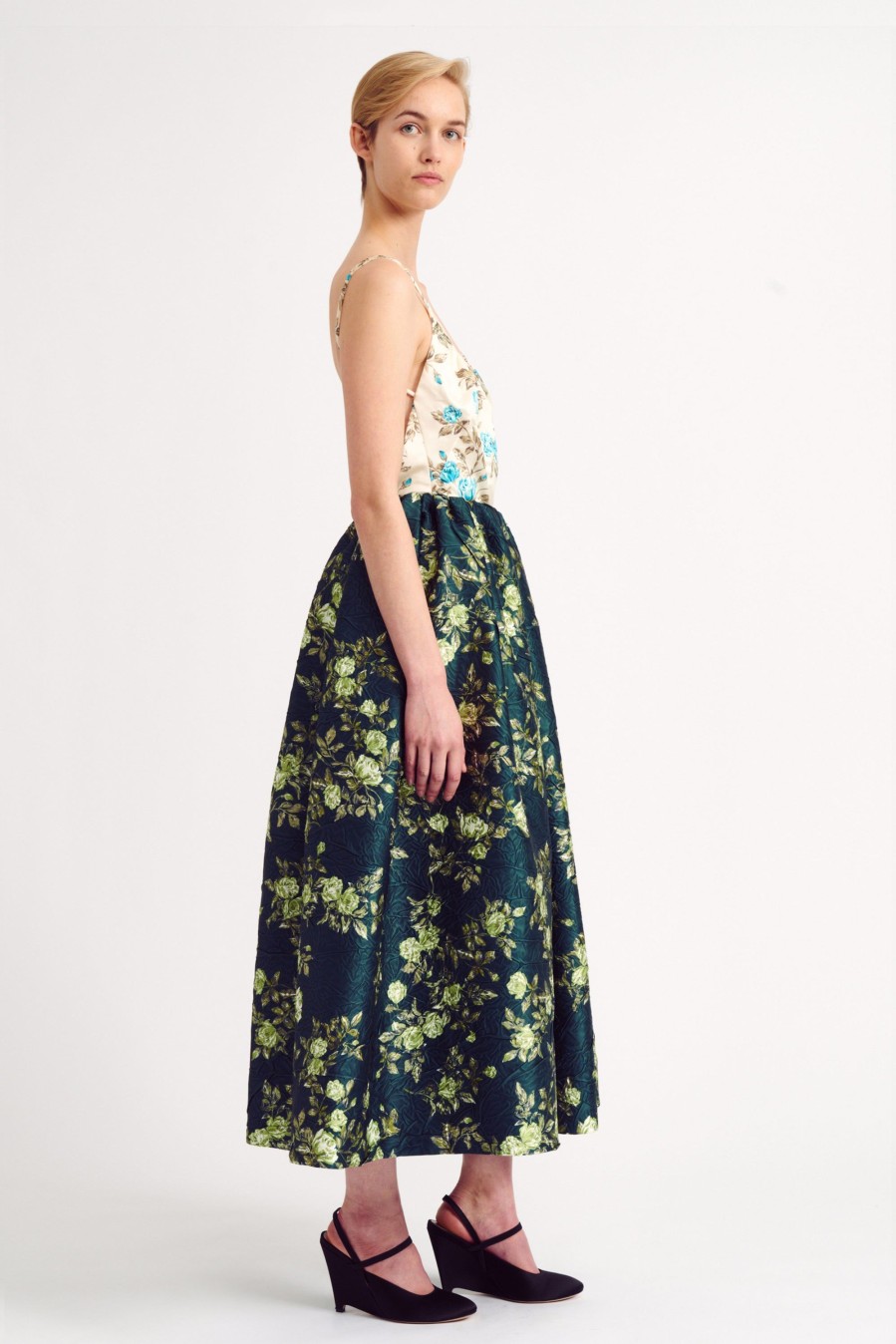 Women Emilia Wickstead Dresses | Ritika Dress In Emerald Floral Printed Crushed Italian Duchess Satin