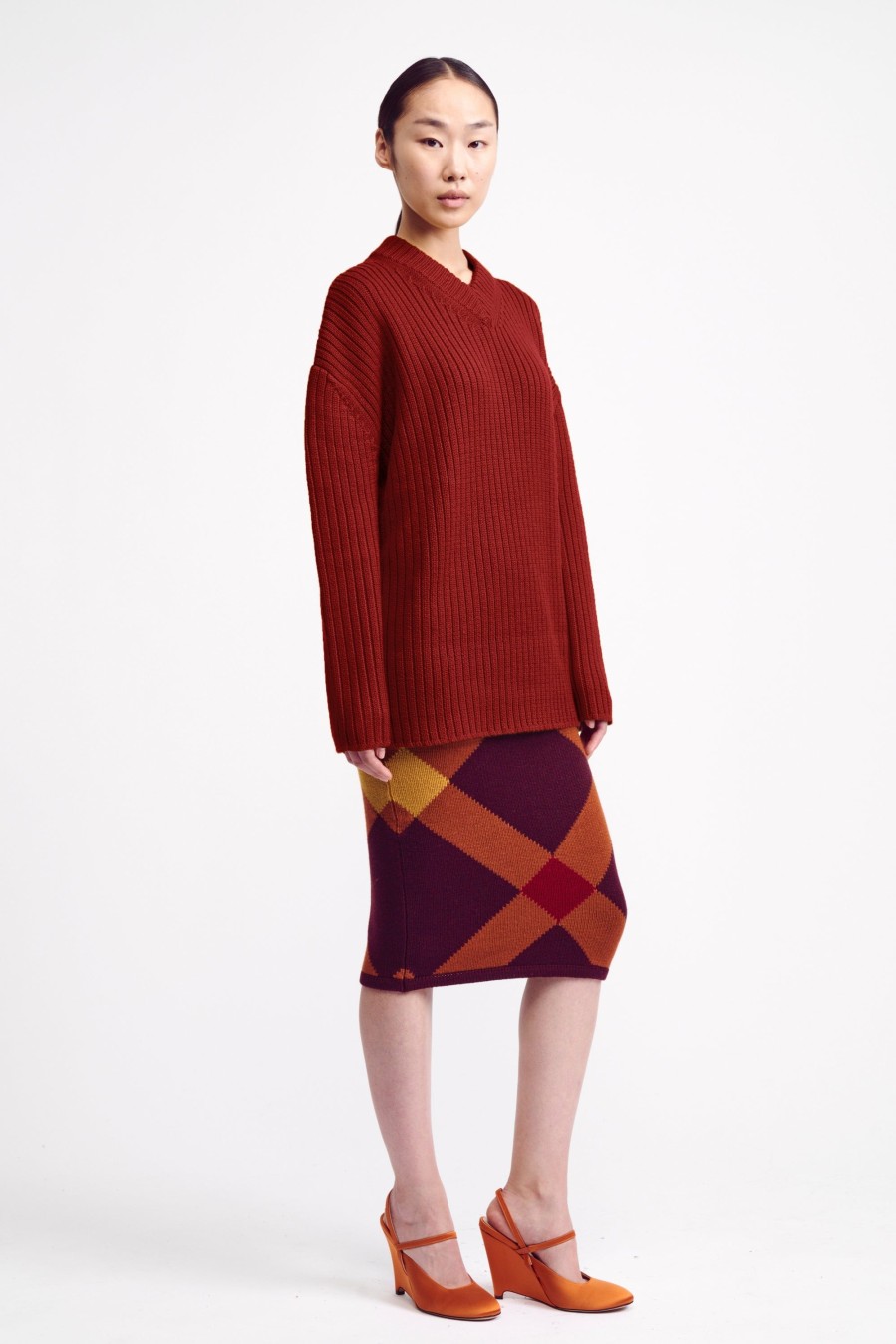 Women Emilia Wickstead Knitwear | Ady V-Neck Knit Jumper In Deep Red Wool