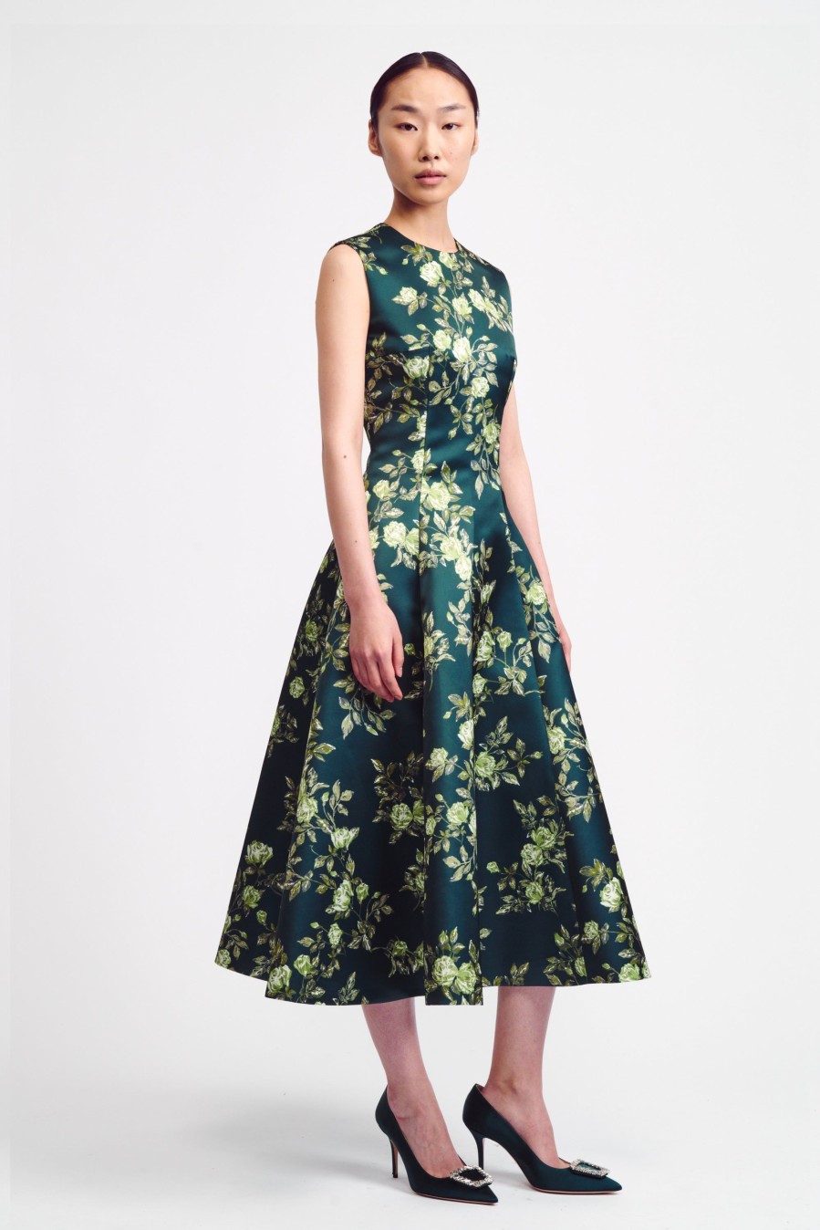 Women Emilia Wickstead Dresses | Mara Dress In Emerald Floral Printed Italian Duchess Satin