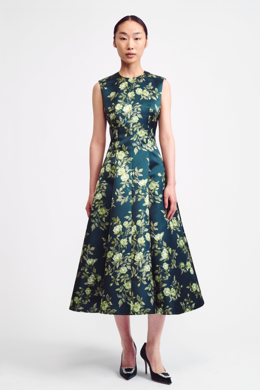 Women Emilia Wickstead Dresses | Mara Dress In Emerald Floral Printed Italian Duchess Satin