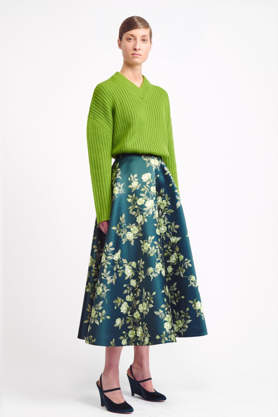 Women Emilia Wickstead Knitwear | Ady V-Neck Knit Jumper In Green Wool