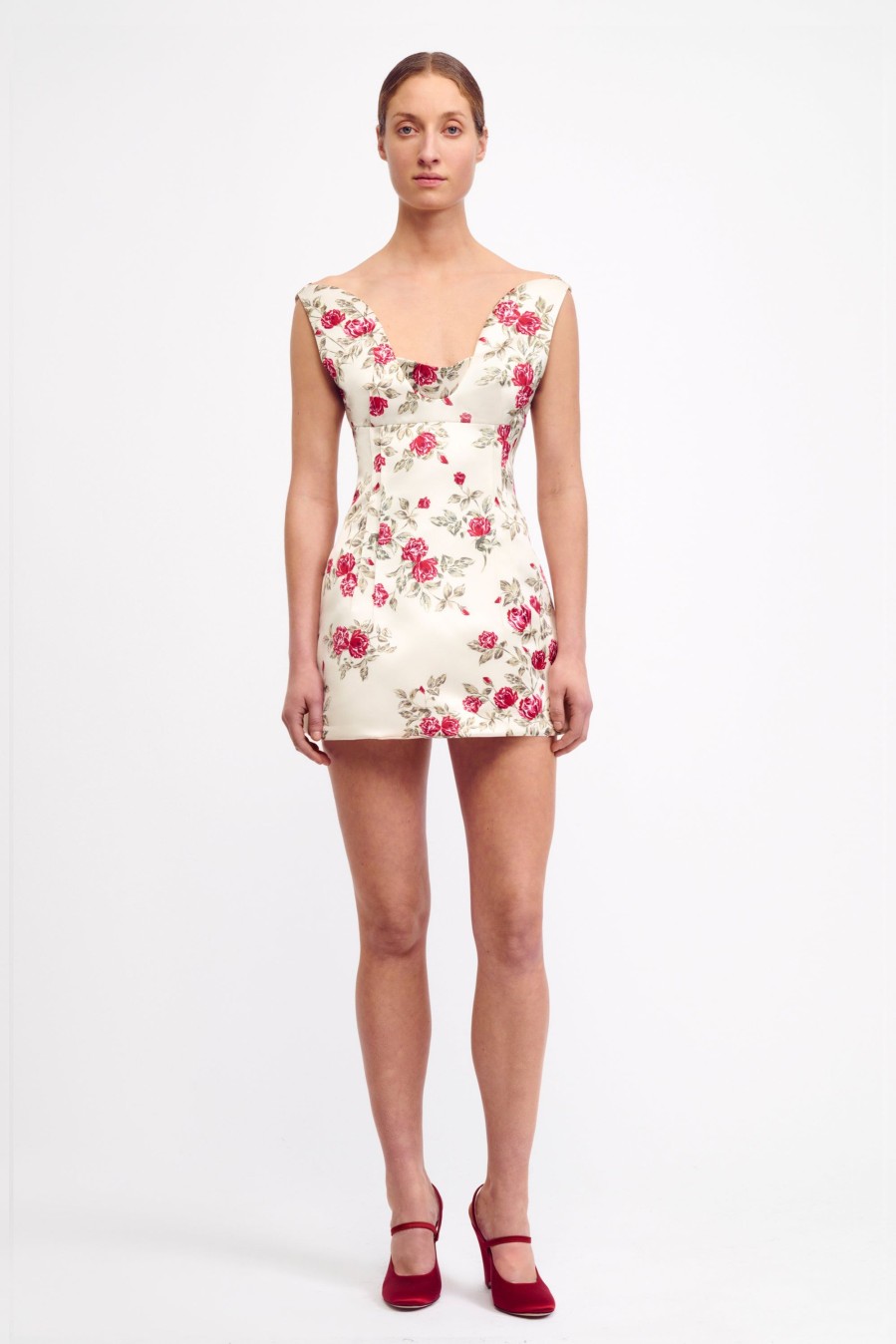 Women Emilia Wickstead Dresses | Zephyr Dress In Red Rose Printed Italian Duchess Satin