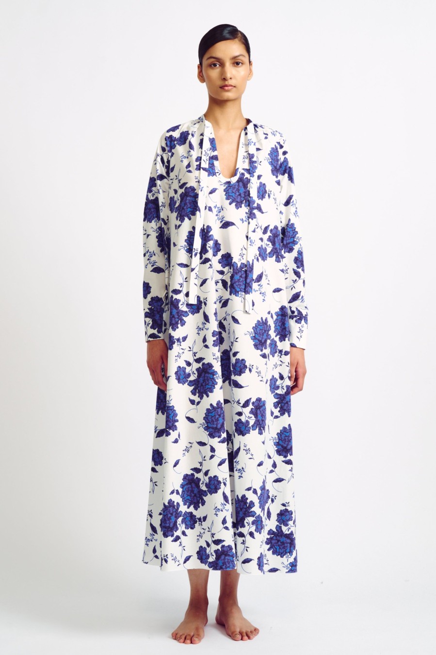 Women Emilia Wickstead Swim | Kirby Blue Rose Print Cotton Kaftan